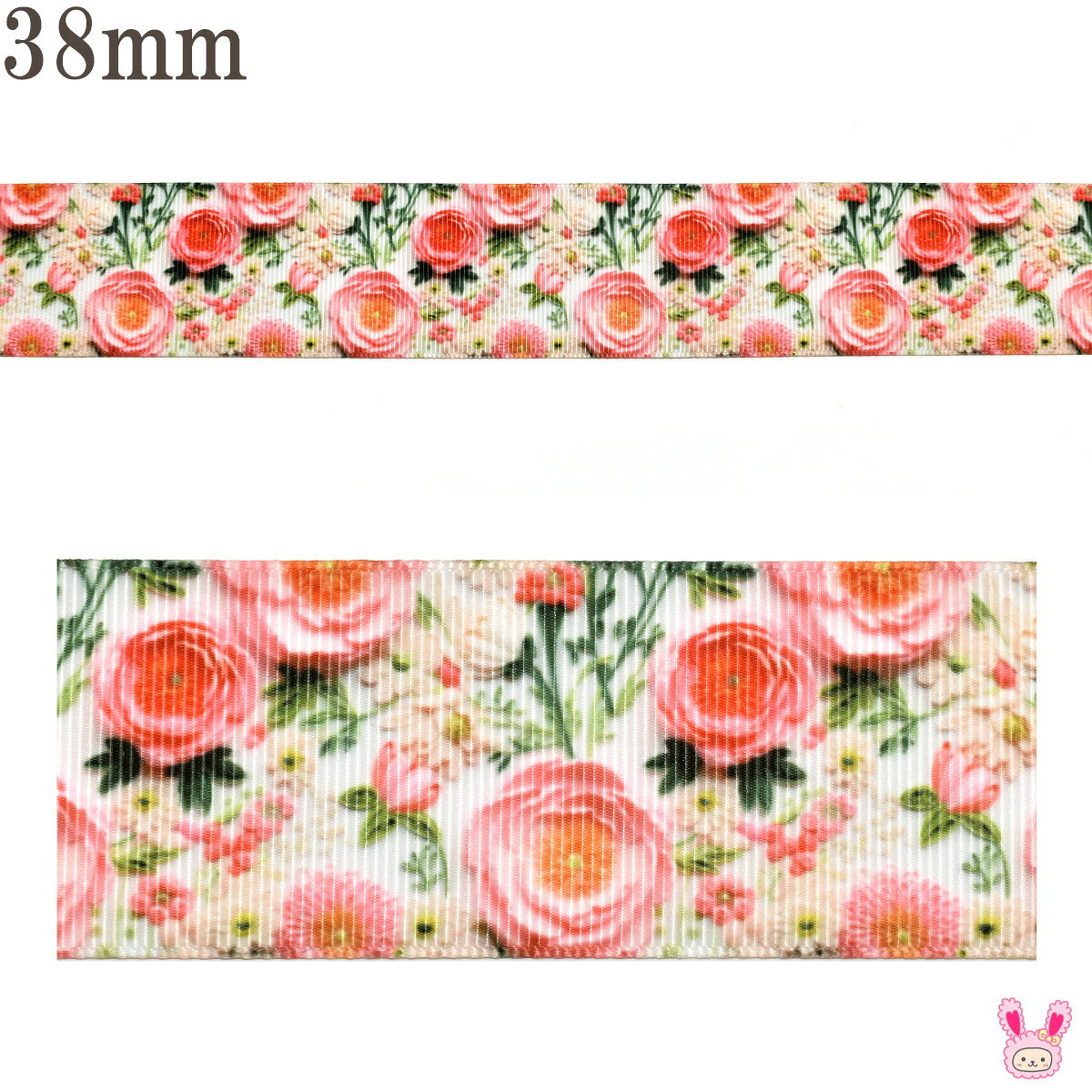プリントリボン3D浮き出るピンクのお花リボン幅38mm1m単位切り売り(2m以上)