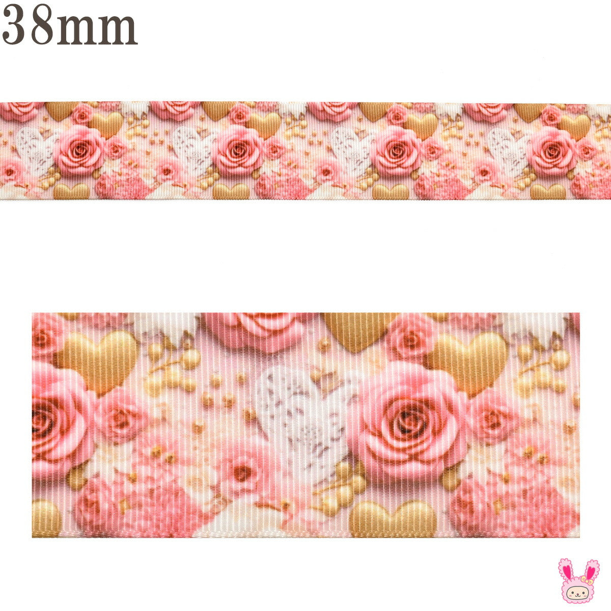 プリントリボン3Dピンクの薔薇とロマンチックハートリボン幅38mm1m単位切り売り(2m以上)