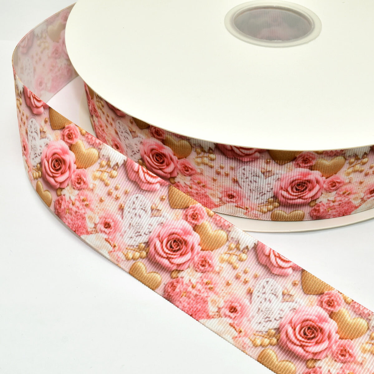プリントリボン3Dピンクの薔薇とロマンチックハートリボン幅38mm1m単位切り売り(2m以上)