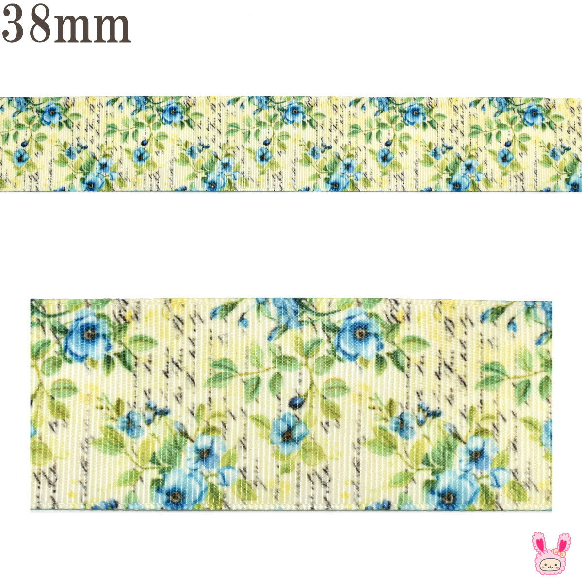 プリントリボン美しい青い花と英字のリボン幅38mm1m単位切り売り「在庫限り」(3m以上)