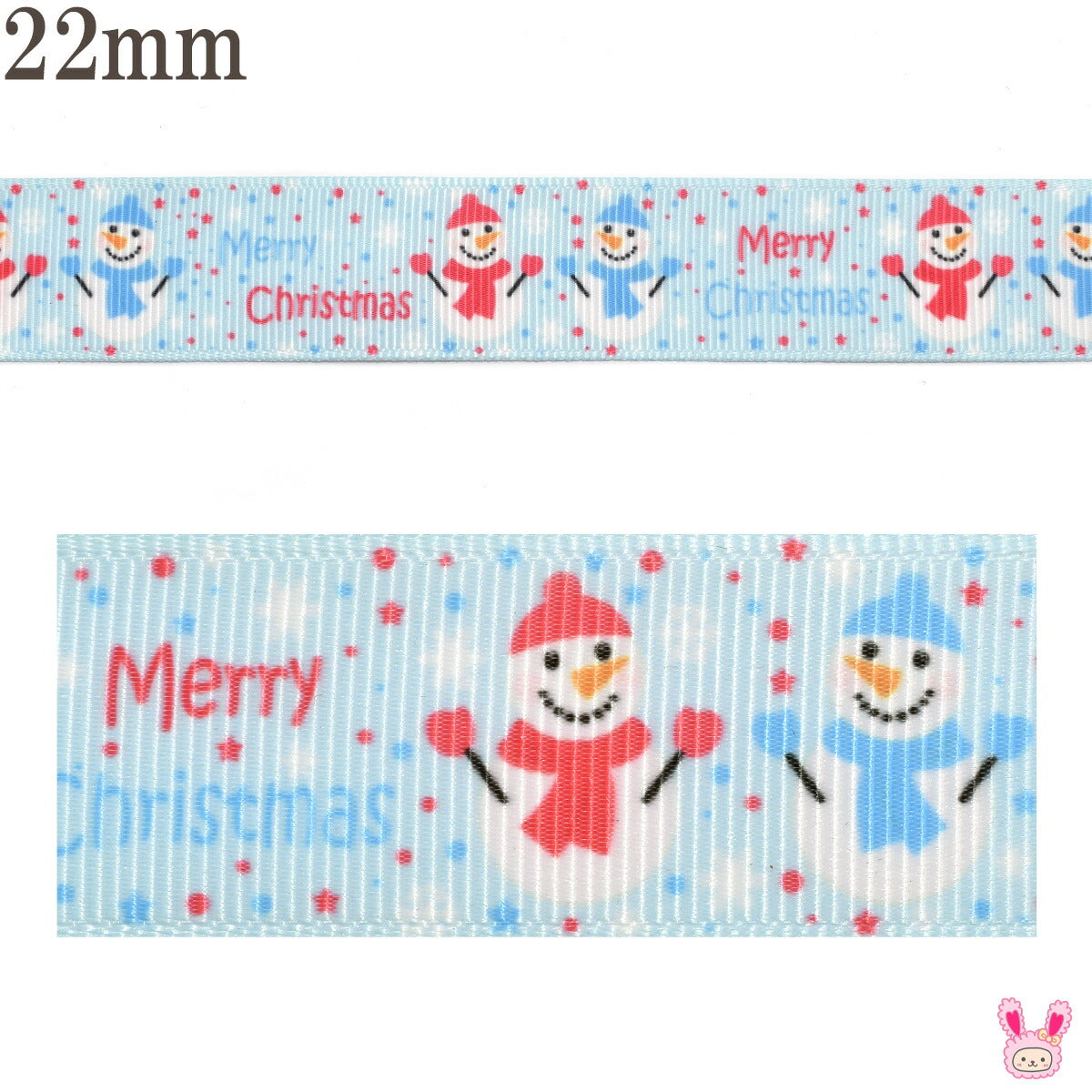 プリントリボンクリスマスの文字とツイン雪だるまリボン幅22mm1m単位切り売り(3m以上)