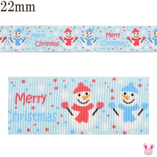 プリントリボンクリスマスの文字とツイン雪だるまリボン幅22mm1m単位切り売り(3m以上)