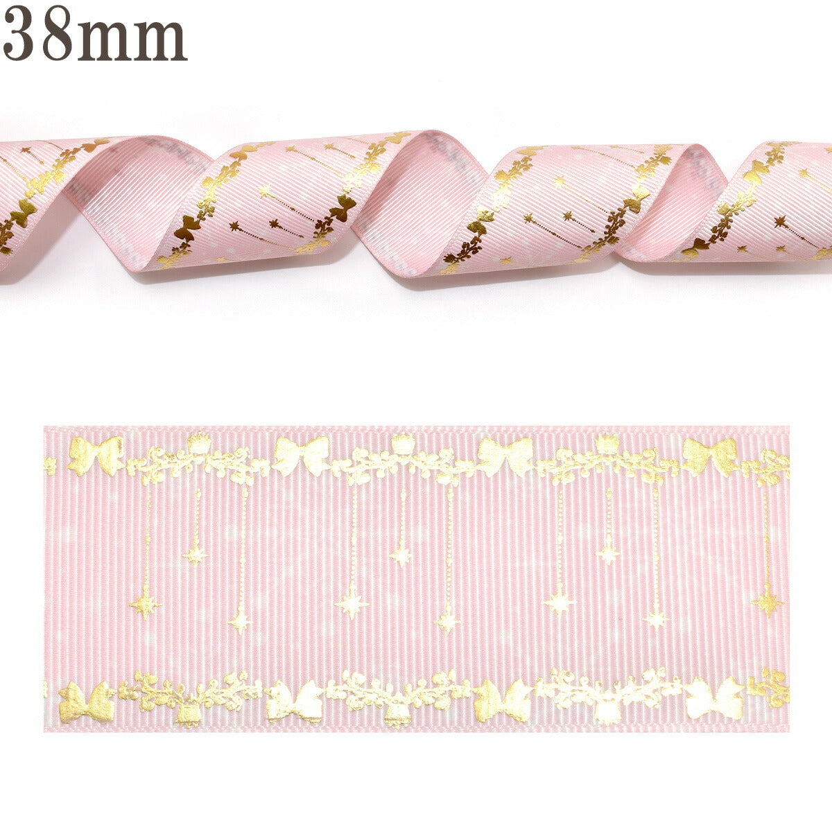 両面プリントリボン大きな雪の結晶とプリンセス箔押しリボン幅38mm1m単位切り売り