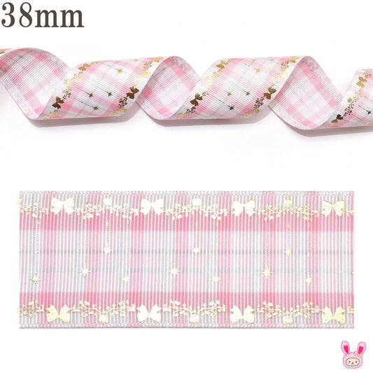 両面プリントリボンピンクチェックとプリンセス箔押しリボン幅38mm1m単位切り売り