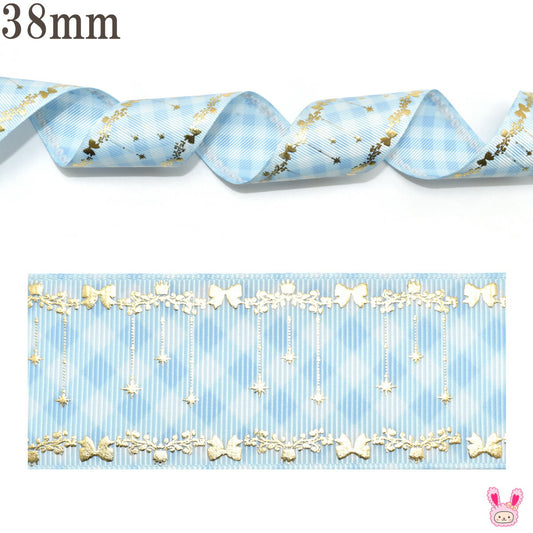 両面プリントリボン水色チェックとプリンセス箔押しリボン幅38mm1m単位切り売り
