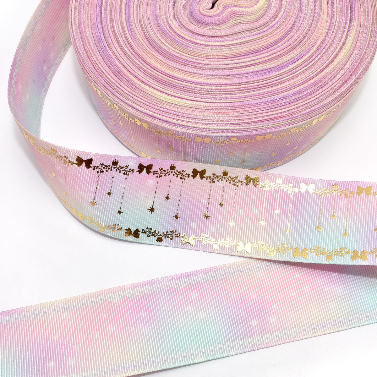 両面プリントリボン夢色オーラとプリンセス箔押しリボン幅38mm1m単位切り売り