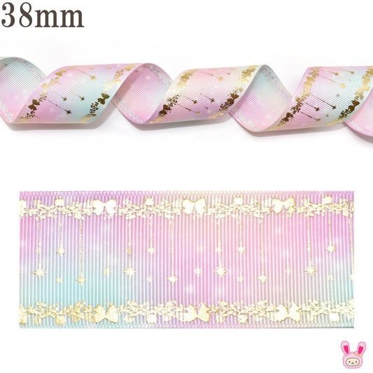 両面プリントリボン夢色オーラとプリンセス箔押しリボン幅38mm1m単位切り売り