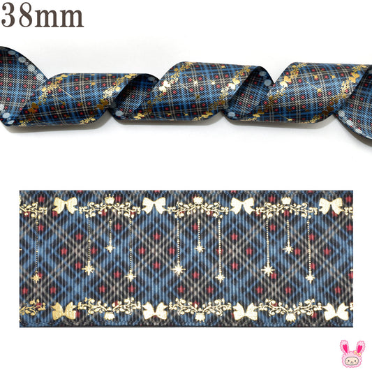 両面プリントリボンネイビータイルとプリンセス箔押しリボン幅38mm1m単位切り売り