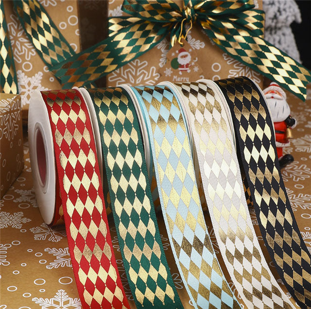 箔押しゴールドダイヤのサテンリボン幅25mm1m単位切り売り(2m以上)