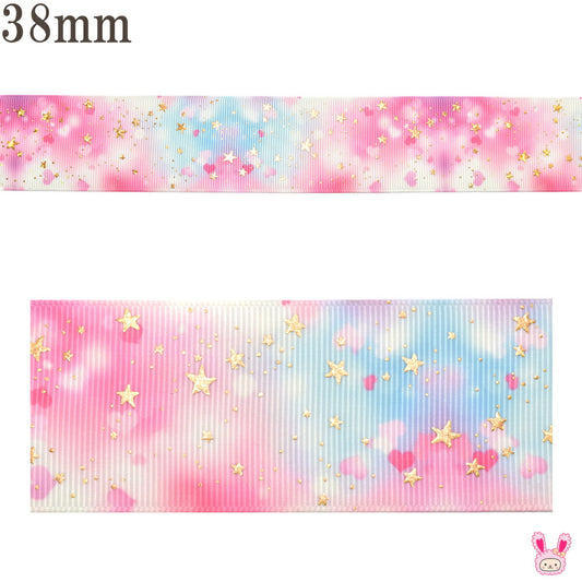 プリントリボン箔押しキラキラスターとラブリースカイリボン幅38mm1m単位切り売り(2m以上)