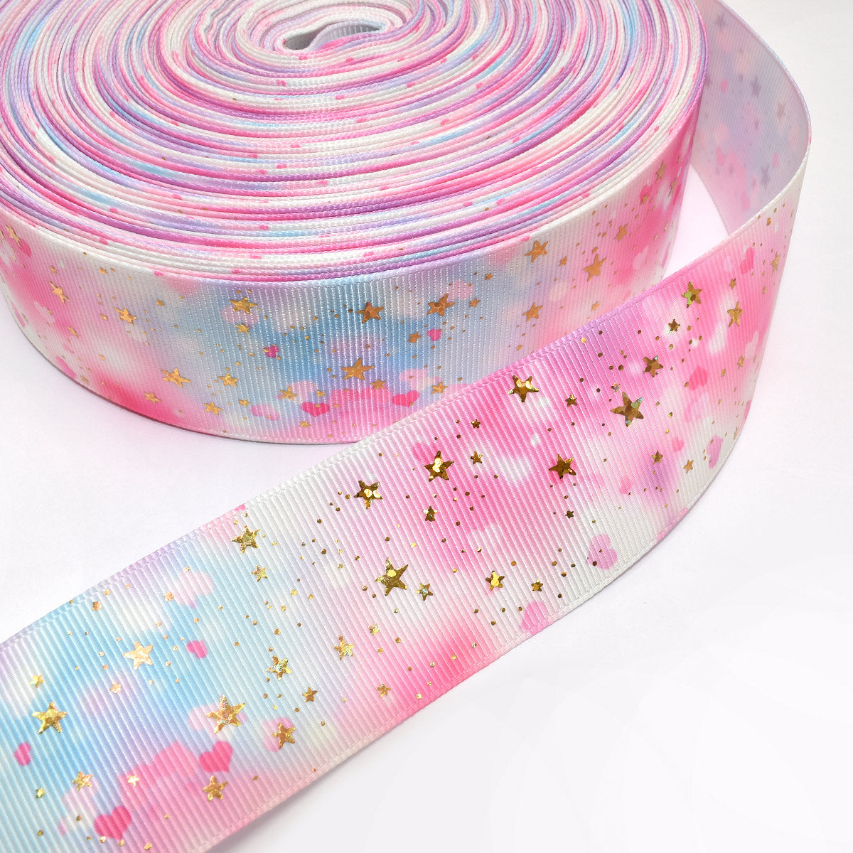 プリントリボン箔押しキラキラスターとラブリースカイリボン幅38mm1m単位切り売り(2m以上)