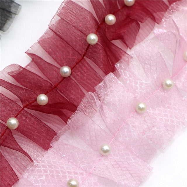 パール付きロンビックシアーのプリーツリボン幅45mm1m単位切り売り(2m以上)「在庫限り」