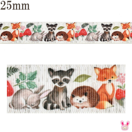 プリントリボンかわいい森の動物リボン幅25mm1m単位切り売り(3m以上)