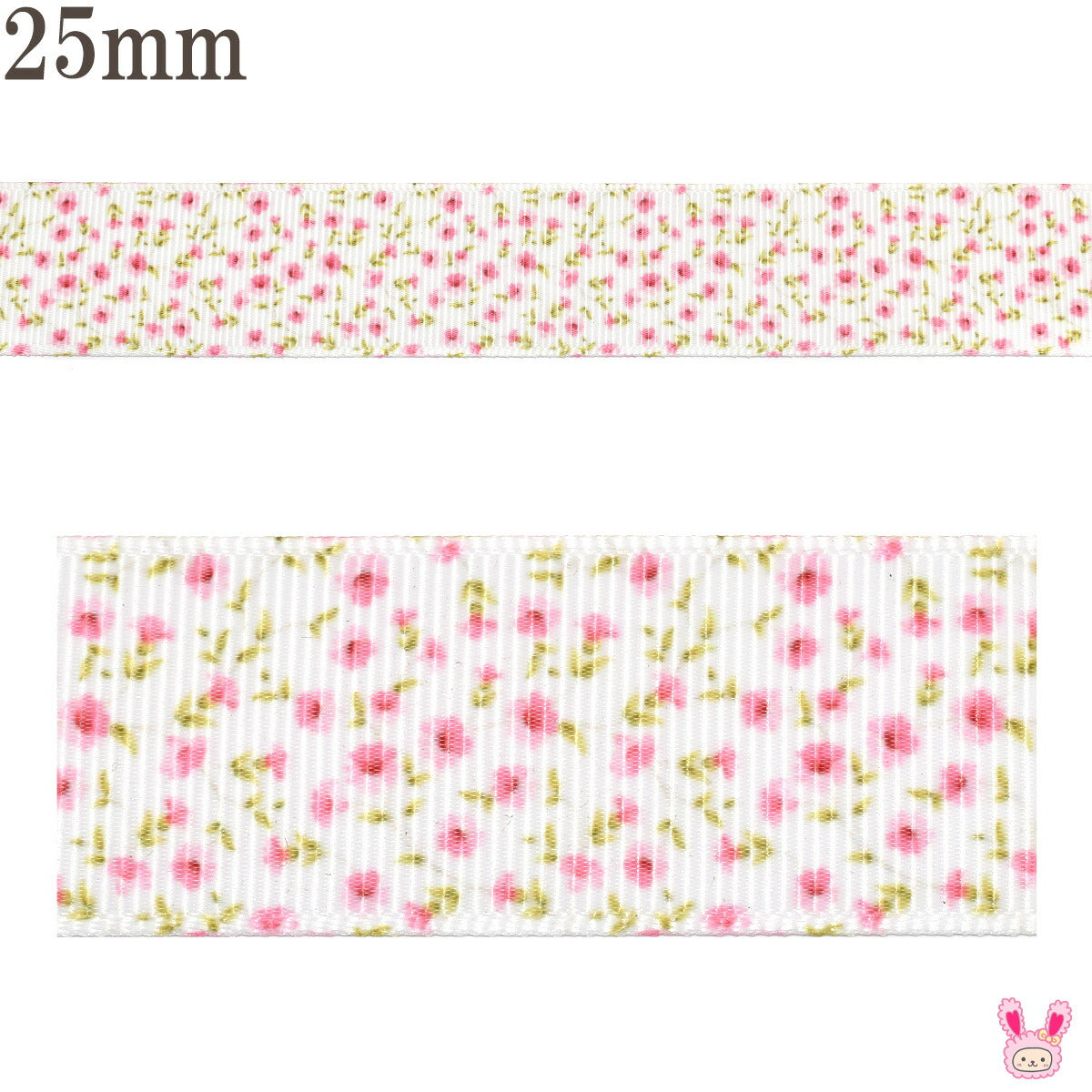 プリントリボンミニミニピンクの花柄リボン幅25mm1m単位切り売り(3m以上)