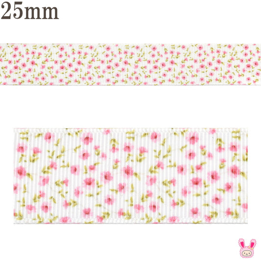プリントリボンミニミニピンクの花柄リボン幅25mm1m単位切り売り(3m以上)