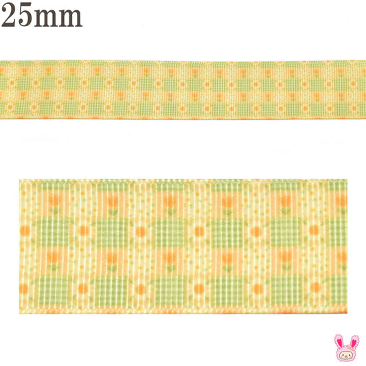 プリントリボンミニミニかわいいチューリップとチェック柄リボン幅25mm1m単位切り売り(3m以上)