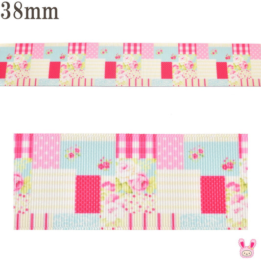 プリントリボンレトロな薔薇とミックスタイルリボン幅38mm1m単位切り売り(2m以上)