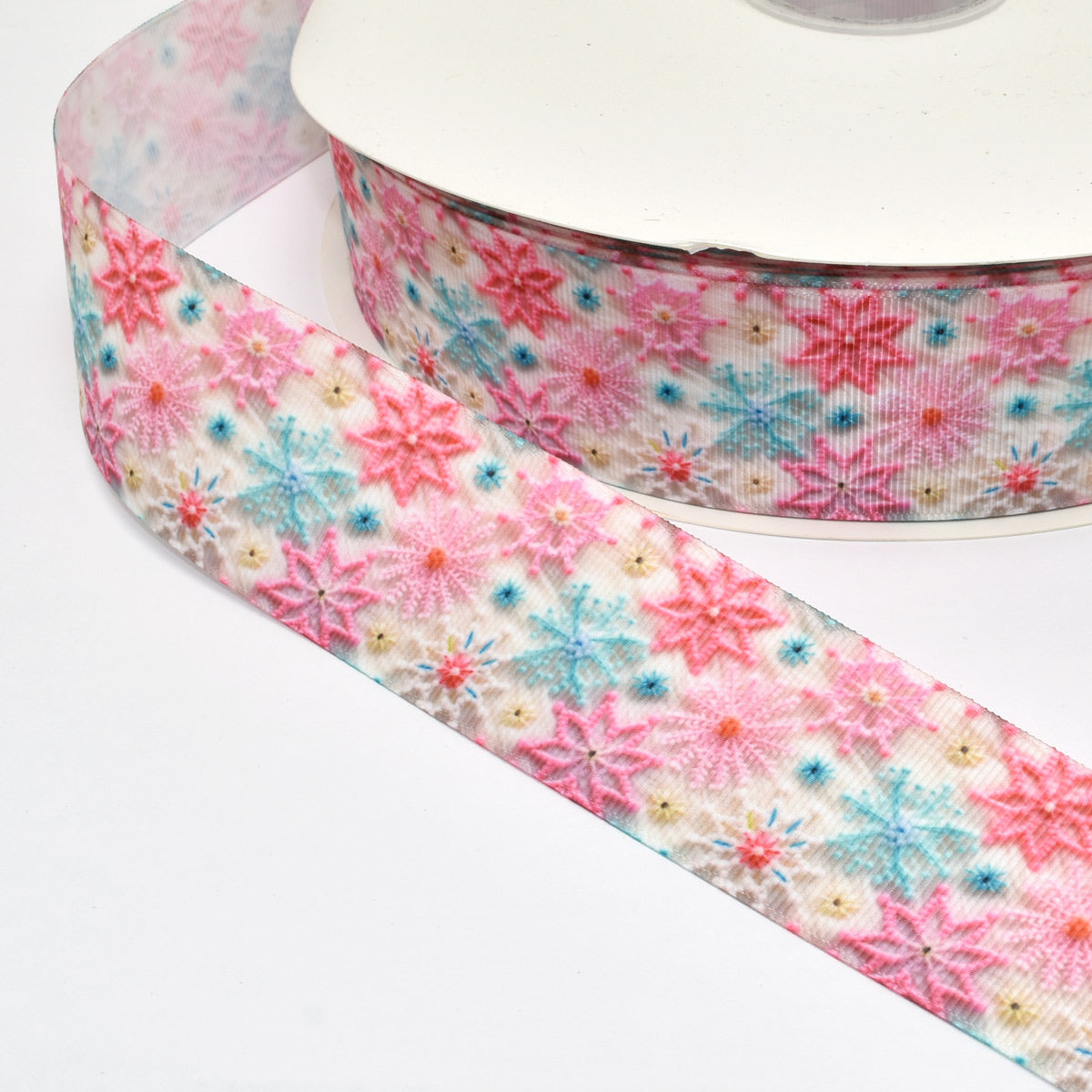 プリントリボン3Dビーズのお花と結晶リボン幅38mm1m単位切り売り(2m以上)