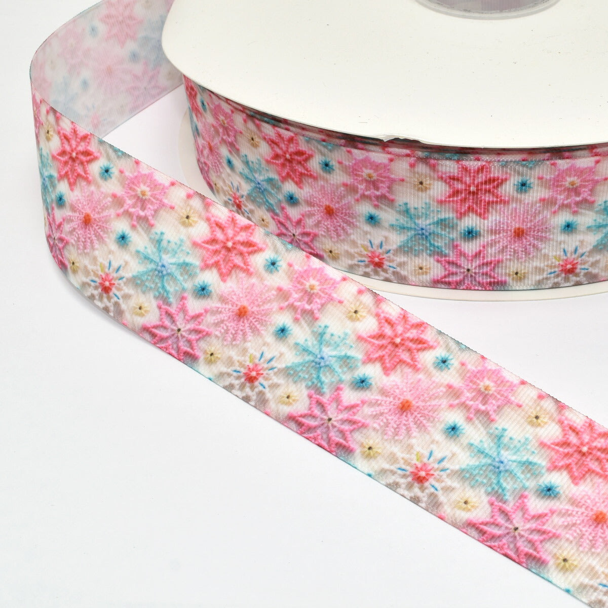プリントリボン3Dビーズのお花と結晶リボン幅38mm1m単位切り売り(2m以上)