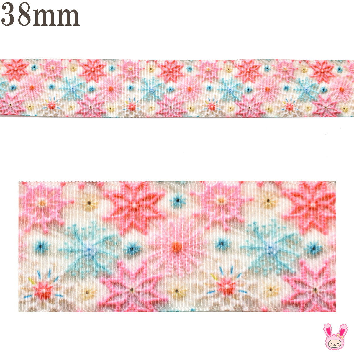 プリントリボン3Dビーズのお花と結晶リボン幅38mm1m単位切り売り(2m以上)