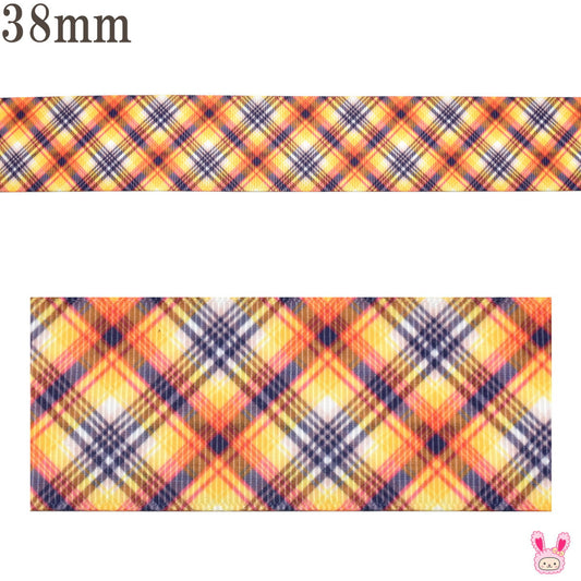 プリントリボンあったかオレンジチェックのリボン幅38mm1m単位切り売り(2m以上)