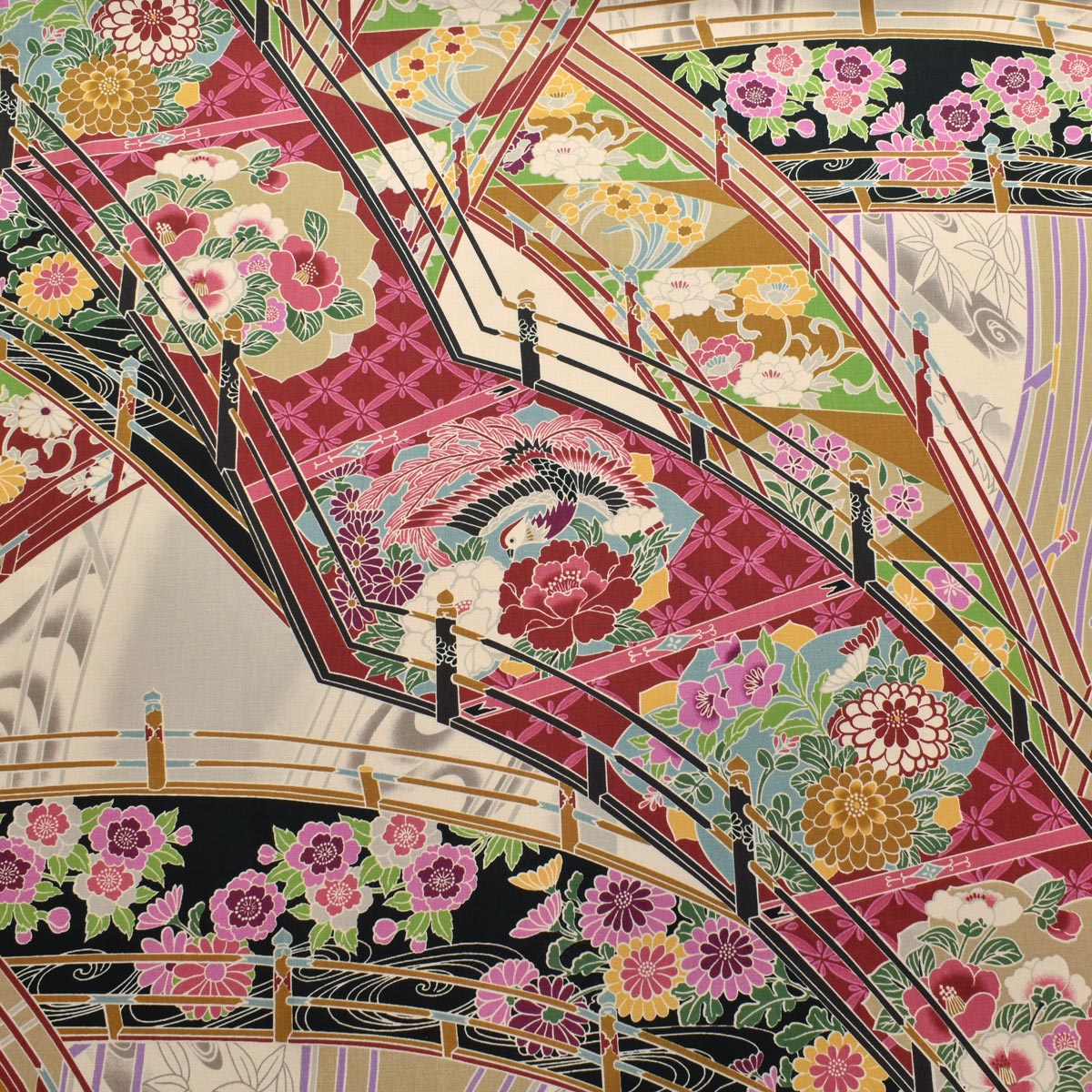 YUWA 有輪商店　雅な橋の花尽くし　シャーティング生地　829891　(30cm以上10cm単位切り売り)