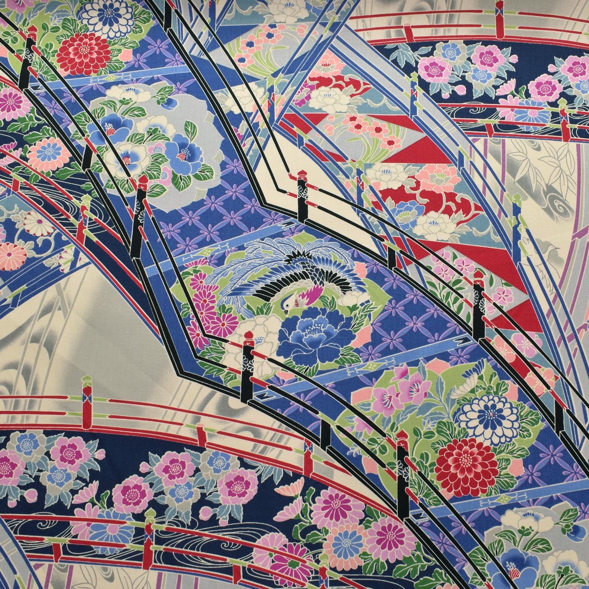 YUWA 有輪商店　雅な橋の花尽くし　シャーティング生地　829891　(30cm以上10cm単位切り売り)