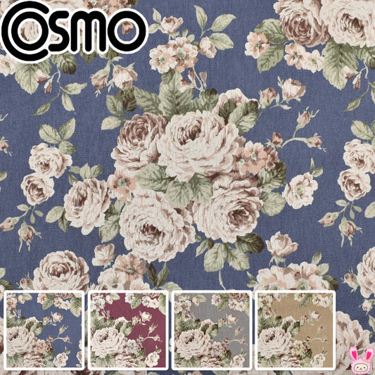 アンティークな薔薇のブーケ綿麻キャンバス生地AP51902-2コスモ(30cm以上10cm単位切り売り)
