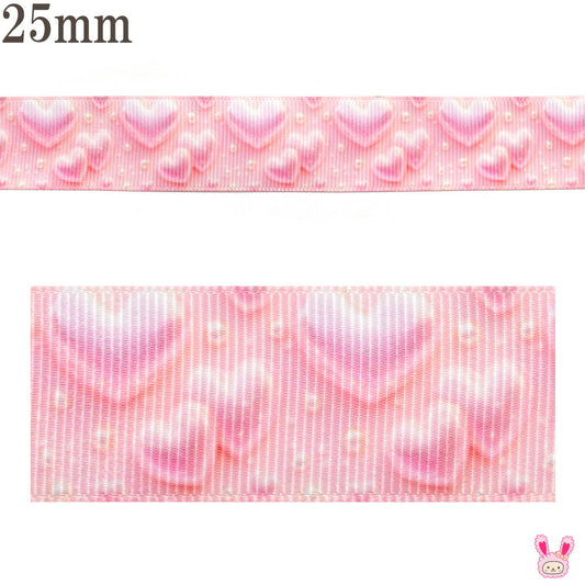 プリントリボンぷっくりパールハートリボン幅25mm1m単位切り売り(3m以上)