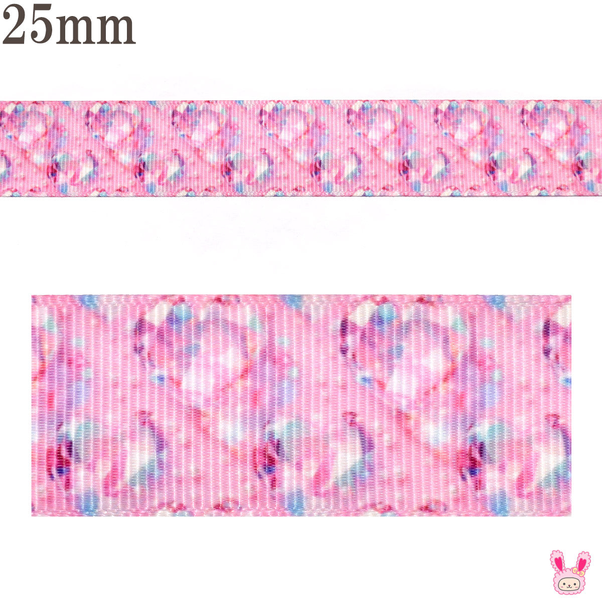 プリントリボンクリアなハートの宝石とピンクリボン幅25mm1m単位切り売り(3m以上)