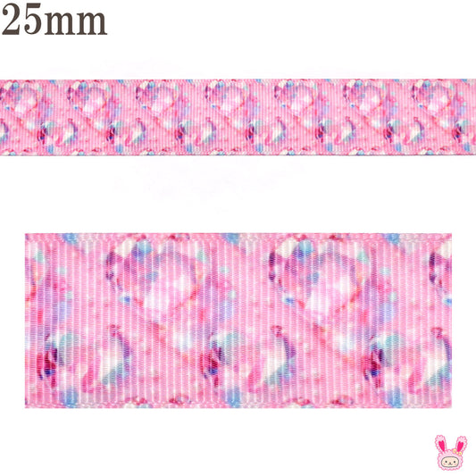 プリントリボンクリアなハートの宝石とピンクリボン幅25mm1m単位切り売り(3m以上)