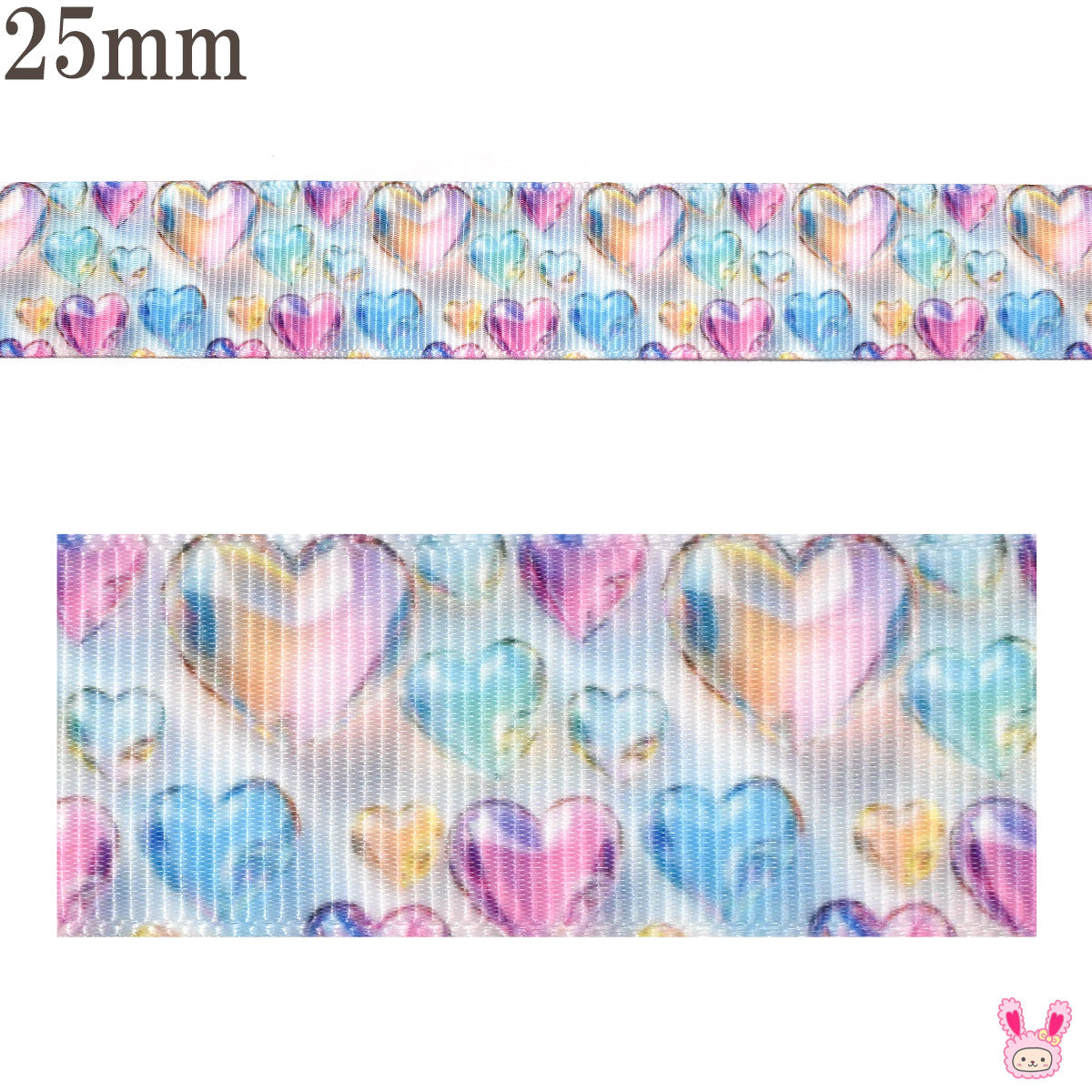 プリントリボンカラフルハートのジュエルリボン幅25mm1m単位切り売り(3m以上)