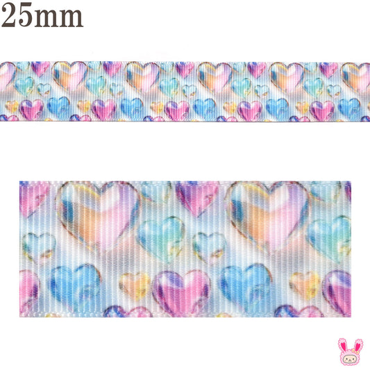 プリントリボンカラフルハートのジュエルリボン幅25mm1m単位切り売り(3m以上)