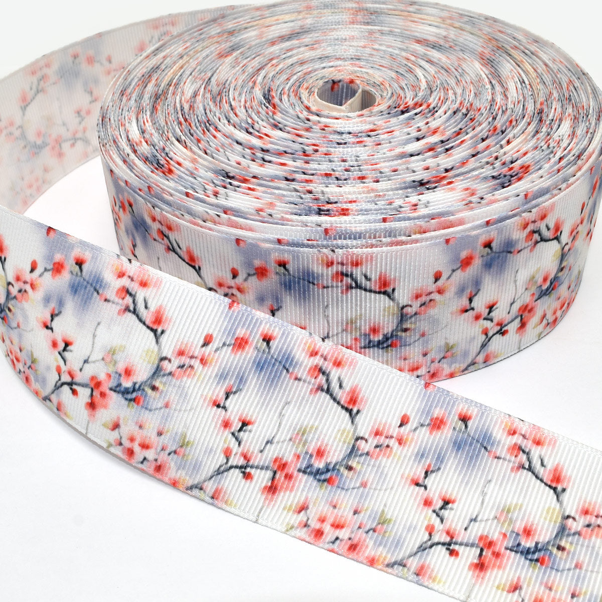 プリントリボン霧と花の枝リボン幅38mm1m単位切り売り「在庫限り」(3m以上)