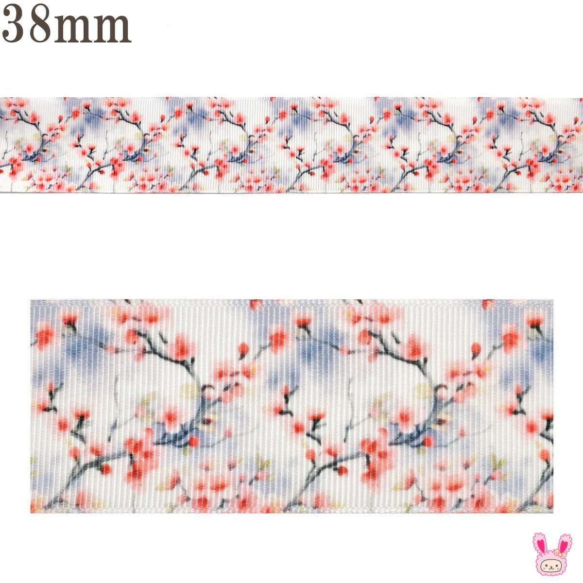 プリントリボン霧と花の枝リボン幅38mm1m単位切り売り「在庫限り」(3m以上)