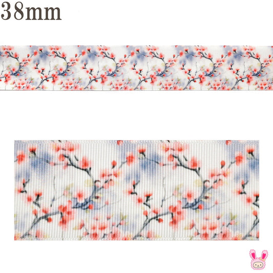 プリントリボン霧と花の枝リボン幅38mm1m単位切り売り「在庫限り」(3m以上)