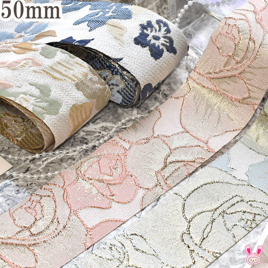 花柄ジャガードファブリックリボン幅50mm1m単位切り売り