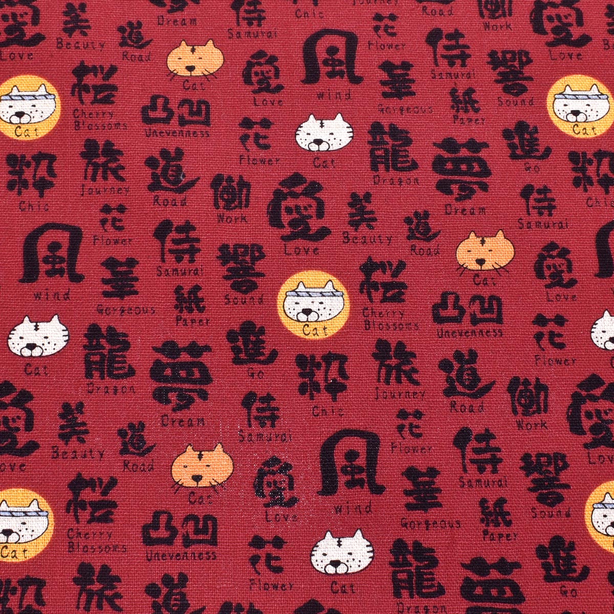 筆文字ねこ　綿麻キャンバス生地　KTS7071　コットンこばやし　(30cm以上10cm単位切り売り)