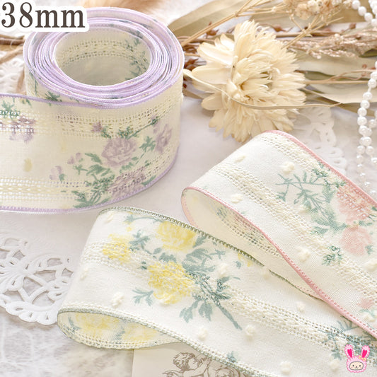ガーリー花柄とレースのファブリックリボン幅38mm1m単位切り売り