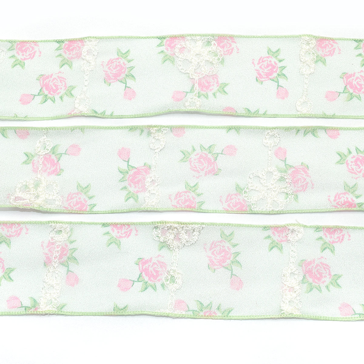 ガーリー刺繍と薔薇のシアーリボン　幅40mm　1m単位　切り売り　(2m以上)