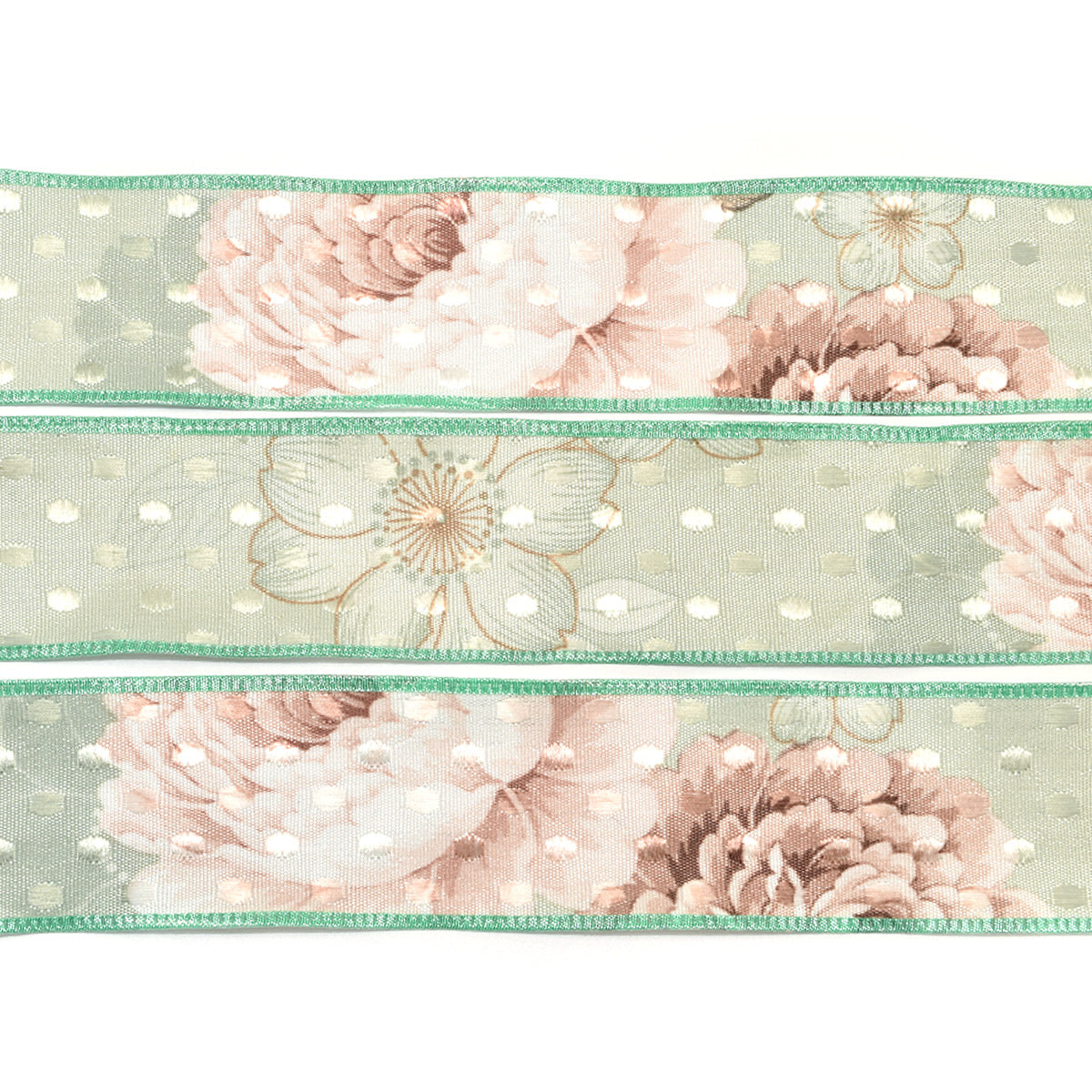 ドット織りとアンティークな花柄ファブリックリボン　幅38mm　1m単位　切り売り　(2m以上)