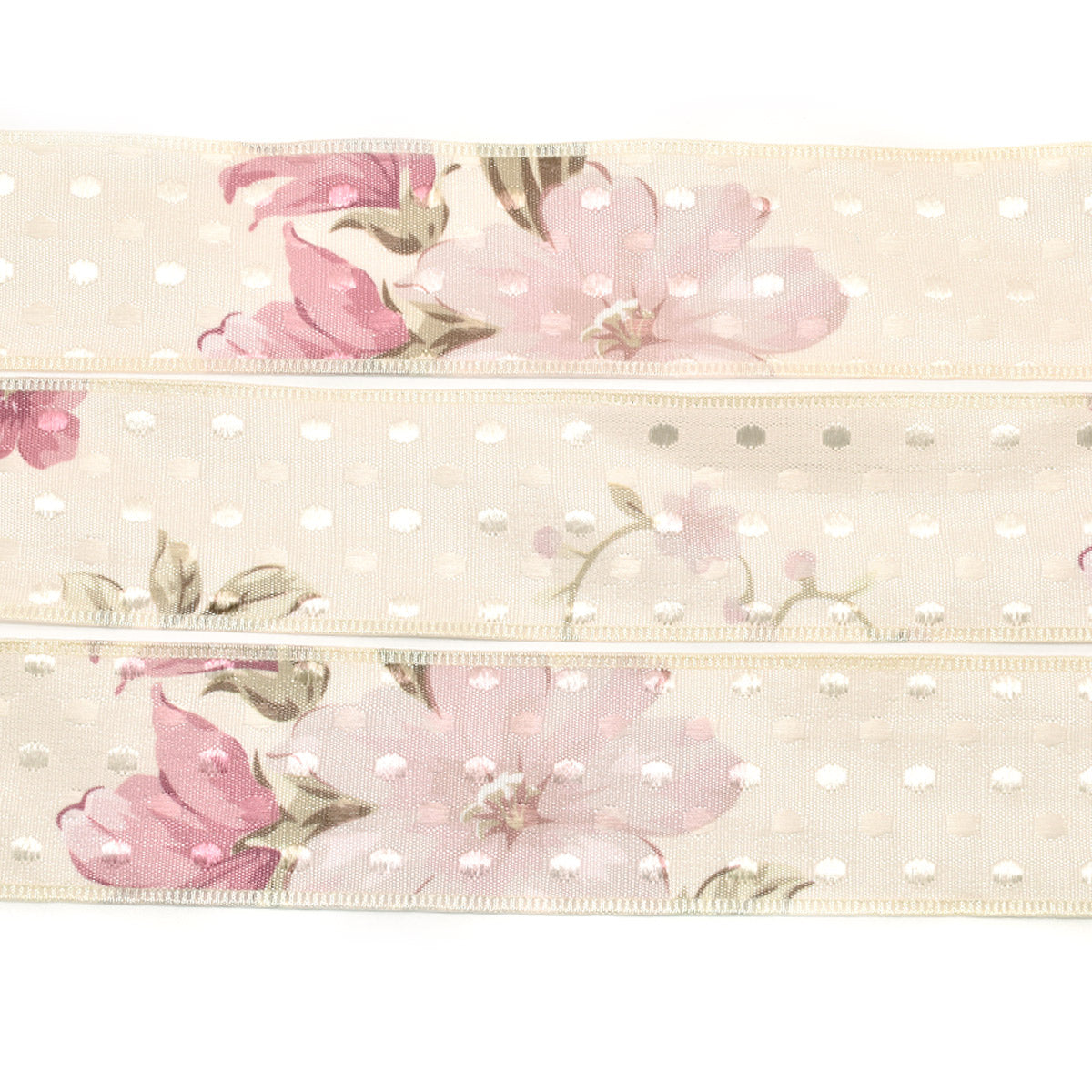 ドット織りとアンティークな花柄ファブリックリボン　幅38mm　1m単位　切り売り　(2m以上)