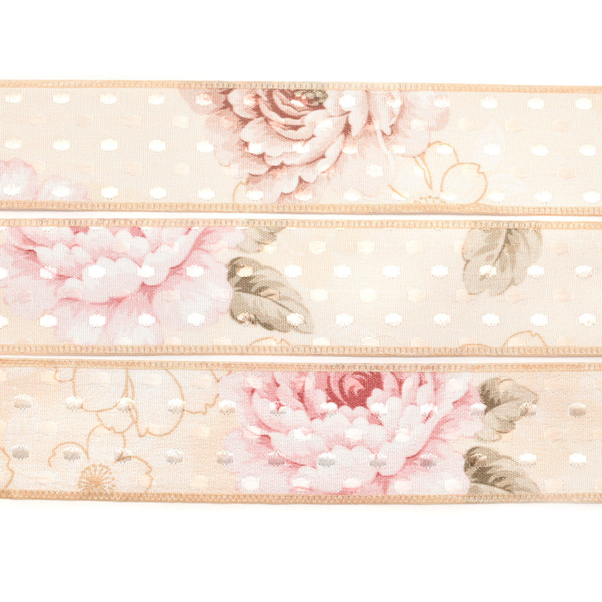 ドット織りとアンティークな花柄ファブリックリボン　幅38mm　1m単位　切り売り　(2m以上)