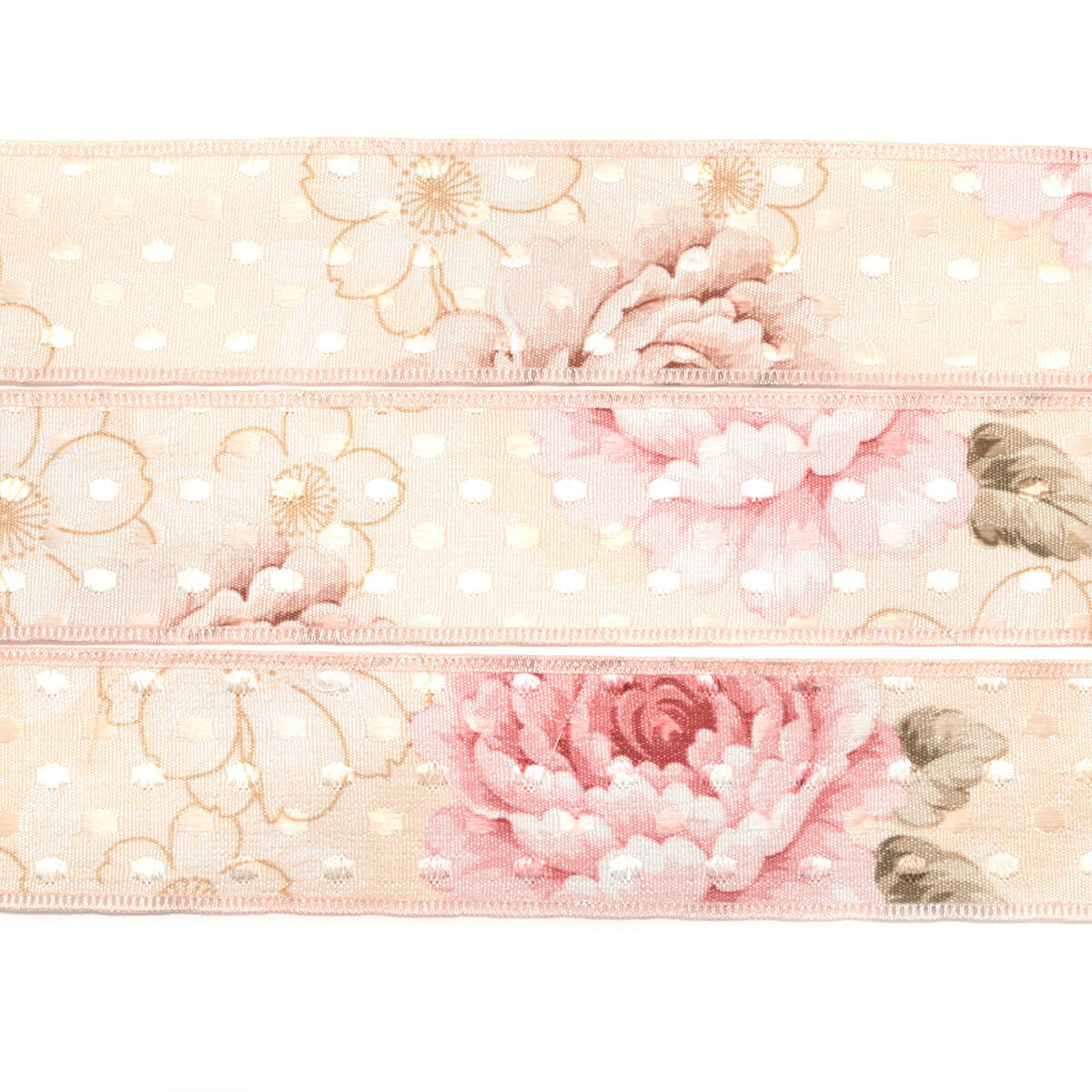 ドット織りとアンティークな花柄ファブリックリボン　幅38mm　1m単位　切り売り　(2m以上)