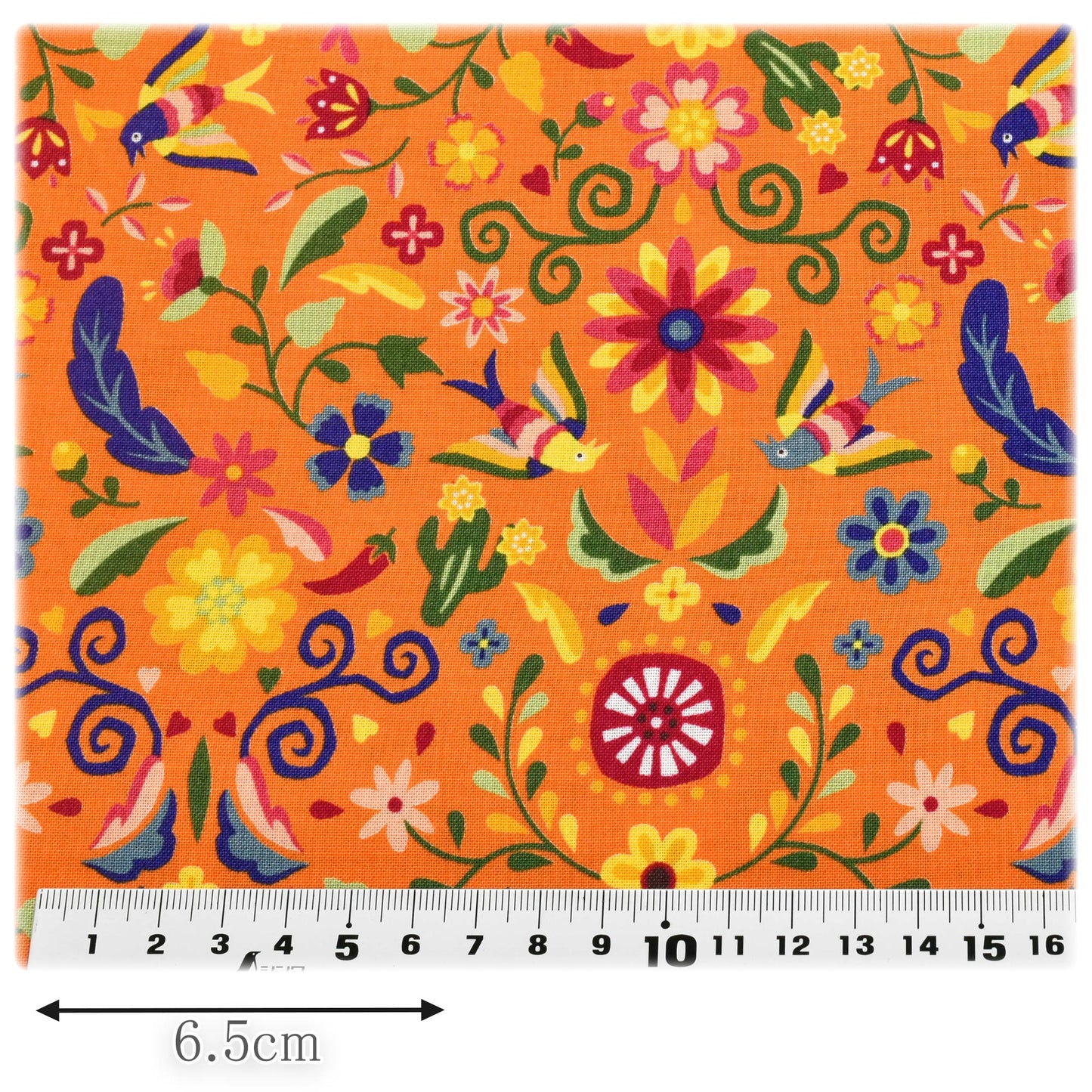 メキシコ刺繍風の鳥と植物シーチング生地NN2319-11コスモ(30cm以上10cm単位切り売り)