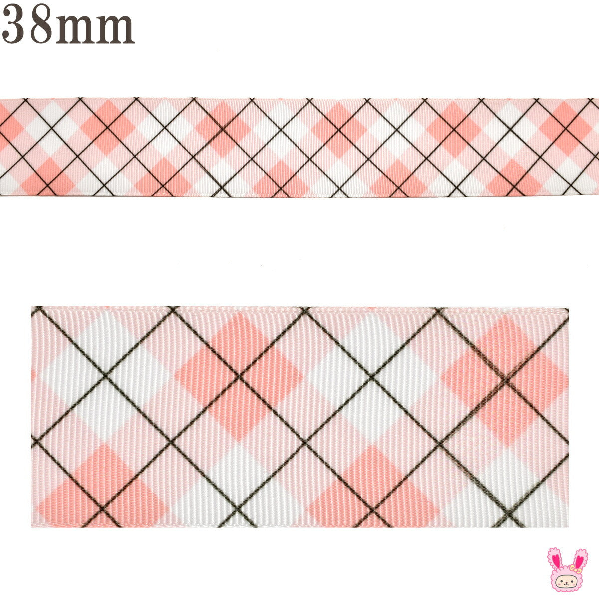 プリントリボンあまかわピンクのチェックリボン幅38mm1m単位切り売り(2m以上)