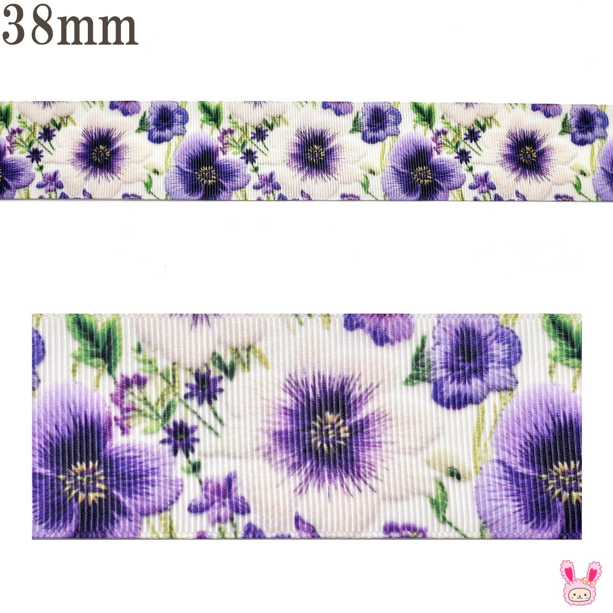 プリントリボン紫と白のパンジーリボン幅38mm1m単位切り売り(2m以上)