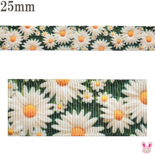 プリントリボン3D白いお花畑リボン幅25mm1m単位切り売り(3m以上)