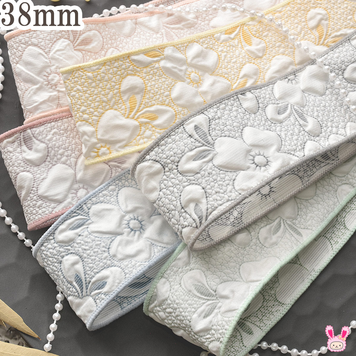 ぷっくりエンボス加工の白いお花リボン幅38mm1m単位切り売り(2m以上)「在庫限り」★