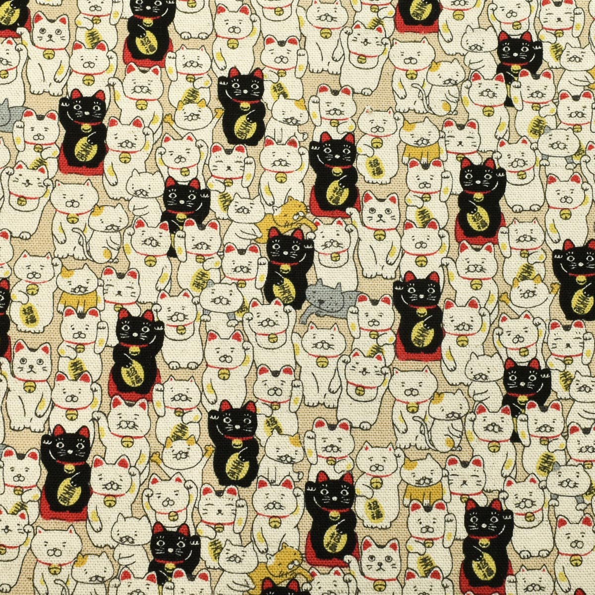 招きにゃんこ　綿麻キャンバス生地　KTS7106　コットンこばやし　(30cm以上10cm単位切り売り)